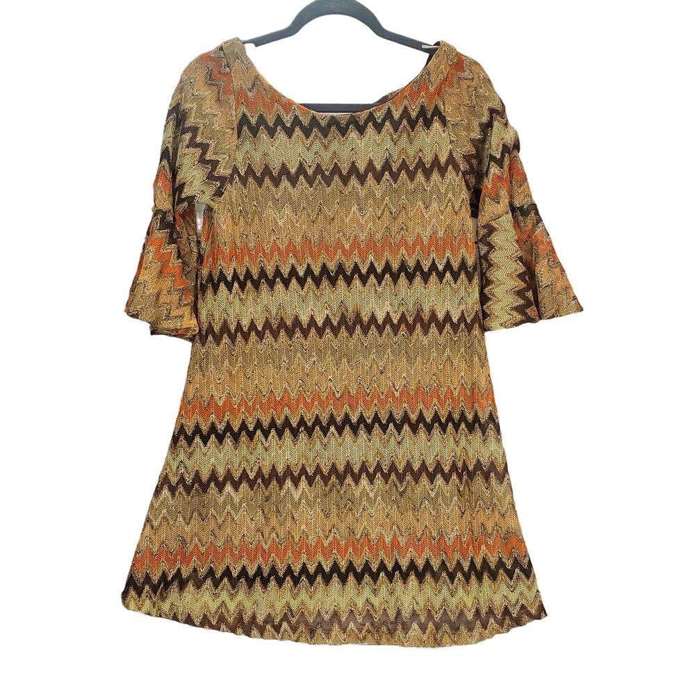 Vtg Judith March Shift Dress M Earthy Crochet Lace Chevron Bell Sleeve Festival